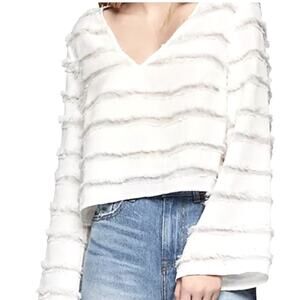 BCBGeneration Bell Sleeve V-Neck Cropped Frayed Ruffle Top, size S